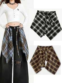 New Plaid One-Piece Waist Skirt With Decorative Drawstring, Unisex High Waist, Ruffle Hem, For Family Matching Outfits, Autumn/Winter. - Multicolor - View 21
