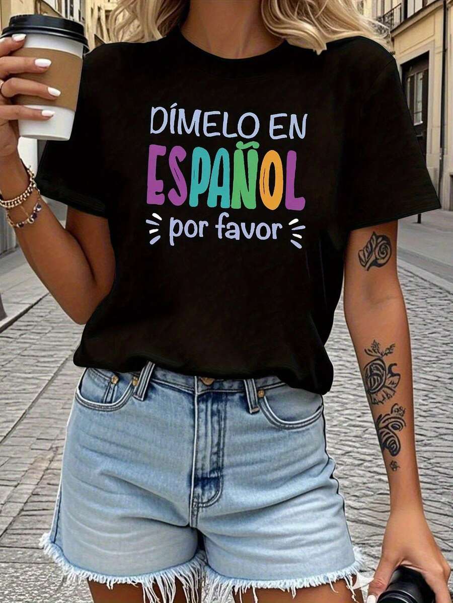 Camiseta Colorida con Eslóganes en Español para Mujer, Cuello Redondo Básico, Artículo Popular para Entusiastas del Idioma y Festivales Culturales Españoles, Uso Diario - Negro - Ver 1