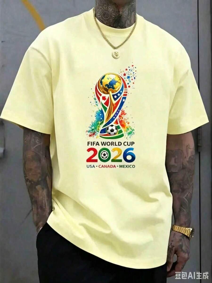 [Official FIFA World Cup Licensed]World Cup T-Shirt, Unisex, 2026 Football Jersey, USA, Canada, Mexico Styles, Fan Gift, Fan Apparel, Single Piece - 黃色 - 查看 1
