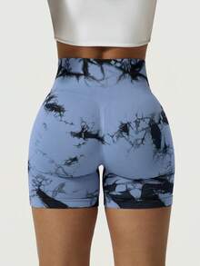 Shorts de fitness de mujer con teñido anudado púrpura de moda de verano, shorts de running sin costuras acanalados de cintura alta con control de abdomen, pantalones deportivos de color bloque azul/negro con teñido anudado de ajuste ceñido para exteriores, pantalones deportivos casuales para exteriores, adecuados para gimnasio, yoga, entrenamiento, ciclismo, uso casual al aire libre, shorts deportivos diarios para mujer, primavera/verano/otoño/invierno - Azul - Ver 8