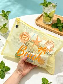 多色防水時尚網格沙灘包，印有「Beach」字樣，羽毛、朱槿花、海星、貝殼與珍珠元素，大容量透明化妝包，尼龍拉鍊盥洗包，輕量，可收納防曬乳、比基尼與沙灘必需品，春夏收納，適合朋友、家人、摯友、同學，生日、節日、派對、婚禮（伴娘）、母親節、教師節禮物與紀念品 - 彩色 - 查看 2
