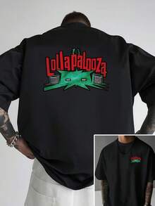 Men's Off-The-Shoulder T-Shirt, Lollapalooza Music Festival, Loose-Fitting Men's T-Shirt With Lollapalooza Graphic Design, New  Men's Clothing, A Short-Sleeved T-Shirt - 黑色 - 查看 2