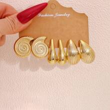 1 Set 9 Pairs/3 Pairs Summer Beach Gold Earring Set, Coastal Starfish Shell Conch Flower Thick Hoop Earrings, Y2K Vacation Style Girls Personalized Accessories - Yellow Gold - View 8