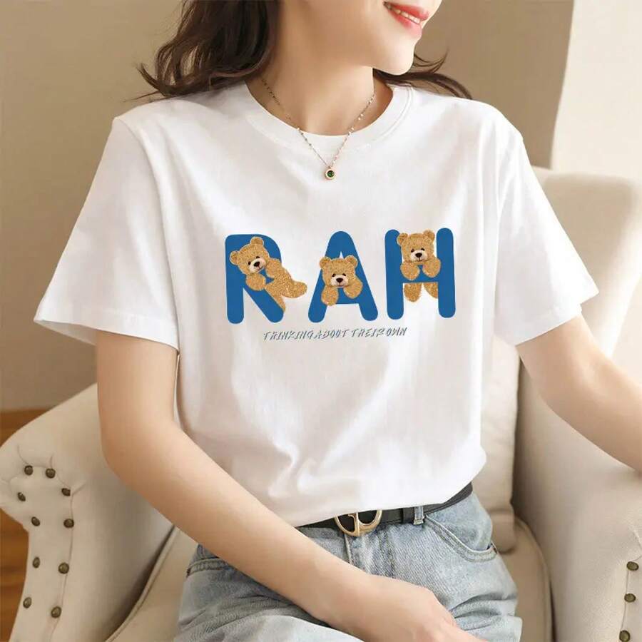 Loose Fit T-Shirt With Anime Cartoon Print - Alphabet Bear - View 1