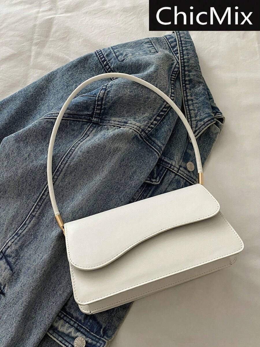 White Baguette Shoulder Bag With Wavy Flap, Women's Faux Leather Casual Handbag, Elegant Bag For Everyday Outings And Special Occasions, Summer Fashion - 白色 - 查看 1