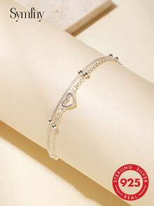 SYMFNY 1pc 925 Sterling Silver Minimalist Hollow Out Double-Layer Heart Link Bracelet Valentines - Silver - View 2