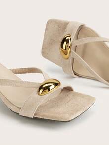 Women's New Fashion Elegant Metal Decor Open Toe High Heel Square Toe Thong Strap Versatile Beach Kitten Heel Mule Sandals Outdoor - Apricot - View 4