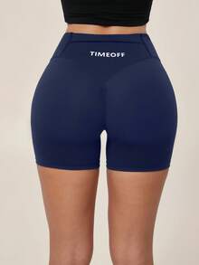 TimeOff 女款 1件 素色後腰帶口袋緊身高腰收腹運動短褲 - 藏蓝色 - 查看 4