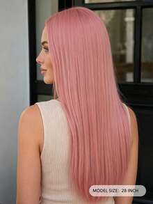28 Inch Pink Straight Hair Wig Women Fashion Party Wig Christmas Carnival Style Middle Part No Bangs Suitable For All Women Halloween - Pink - View 5