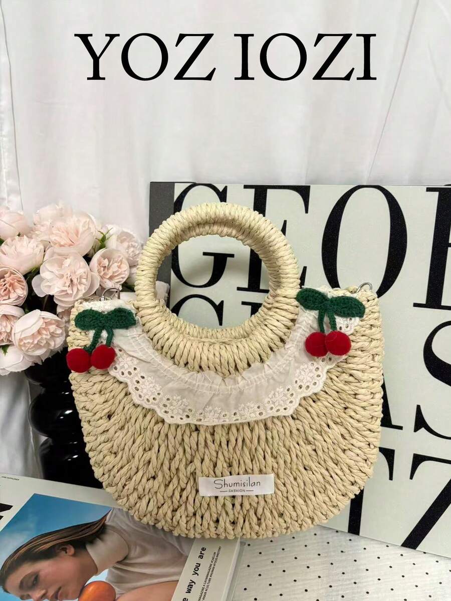 度假風小眾設計 Ins風 手提草莓包 通勤出遊 日常購物 手工編織 肩背斜背包 夏季海灘度假包 - 淺卡其色 - 查看 1