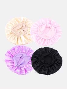 4 buah Topi Tidur Satin Bertepi Lebar Elastis Warna Polos untuk Wanita, Topi Pelindung Rambut untuk Perawatan Kecantikan dan Penggunaan Sehari-hari - TJM-301 Hitam/Merah Muda/Khaki/Ungu Muda - View 3