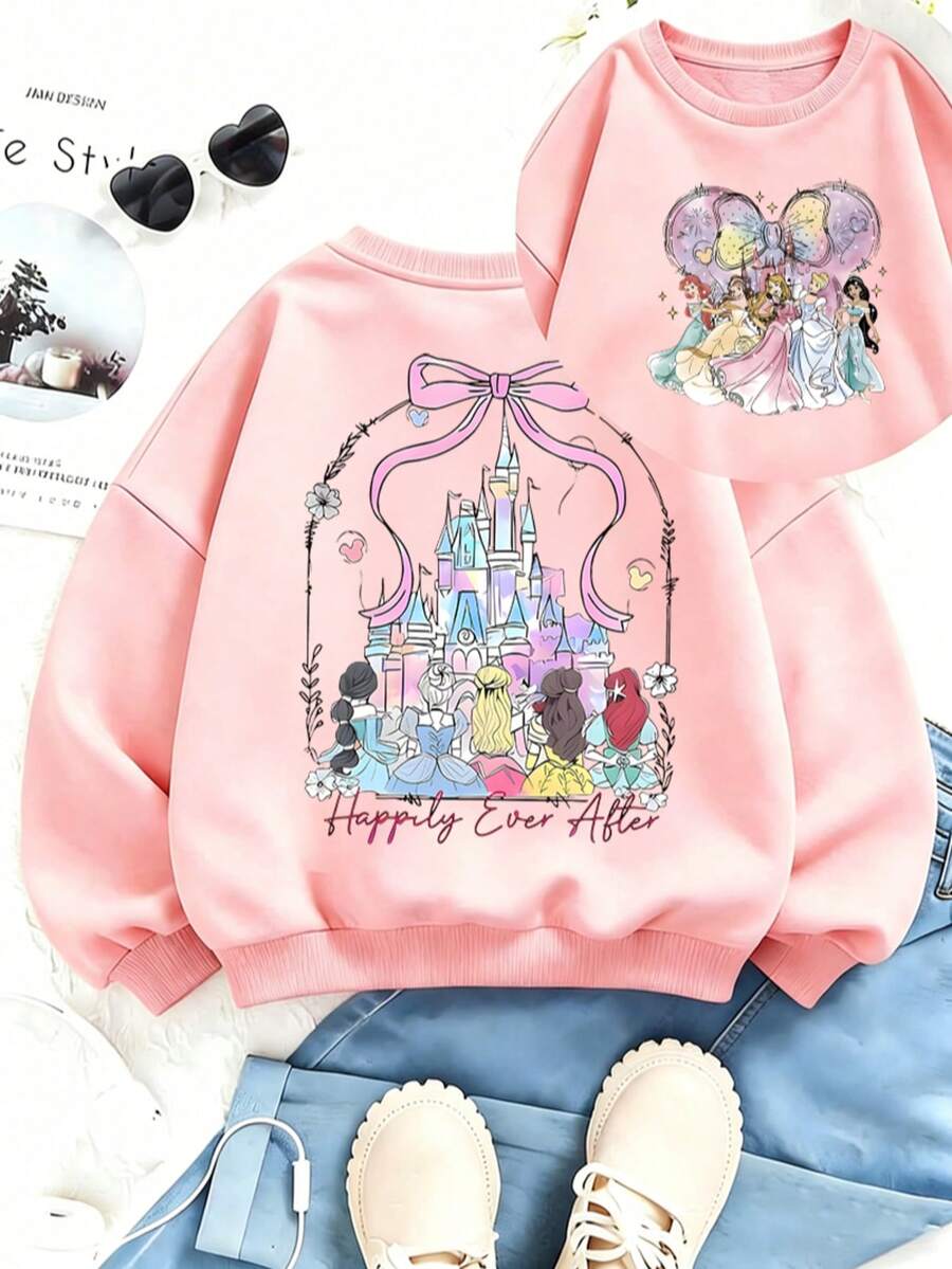 Disney Licensed Princess Ariel Cinderella Belle Jasmine Rapunzel Kids Crewneck Sweatshirt,2-14Y Girls Spring Fall Winter Daily Birthday Holiday Outfit - 粉色 - 查看 1