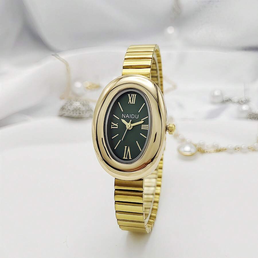 New Women's Watch, Small Gold Watch, Minimalist Southeast Asian Women's Watch, Oval-Shaped Gold Quartz Watch. - 綠色 - 查看 1