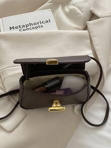 Women's Mini Solid Color PU Crossbody Bag, Vintage Curved Flap Design, Metal Clasp Closure, Adjustable Spaghetti Strap, Fashionable For Daily And Party - Coffee - View 6
