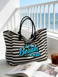 Beach Letter Print Black & White Striped Tote Bag 2pcs Set, Large Capacity Canvas Handbag + Matching Cosmetic Pouch, Waterproof & Stain-Resistant, Fits Swimsuit & Towel, Suitable For Daily Commute, Shopping, Students, Office Workers, Outdoor Picnic, Pool & Beach Vacation, Practical High-Value Summer Gift For Girlfriend & Bestie, Can Be Used As Beach Bag, Handbag, Pool Bag And Travel Organizer - Multicolor - View 15