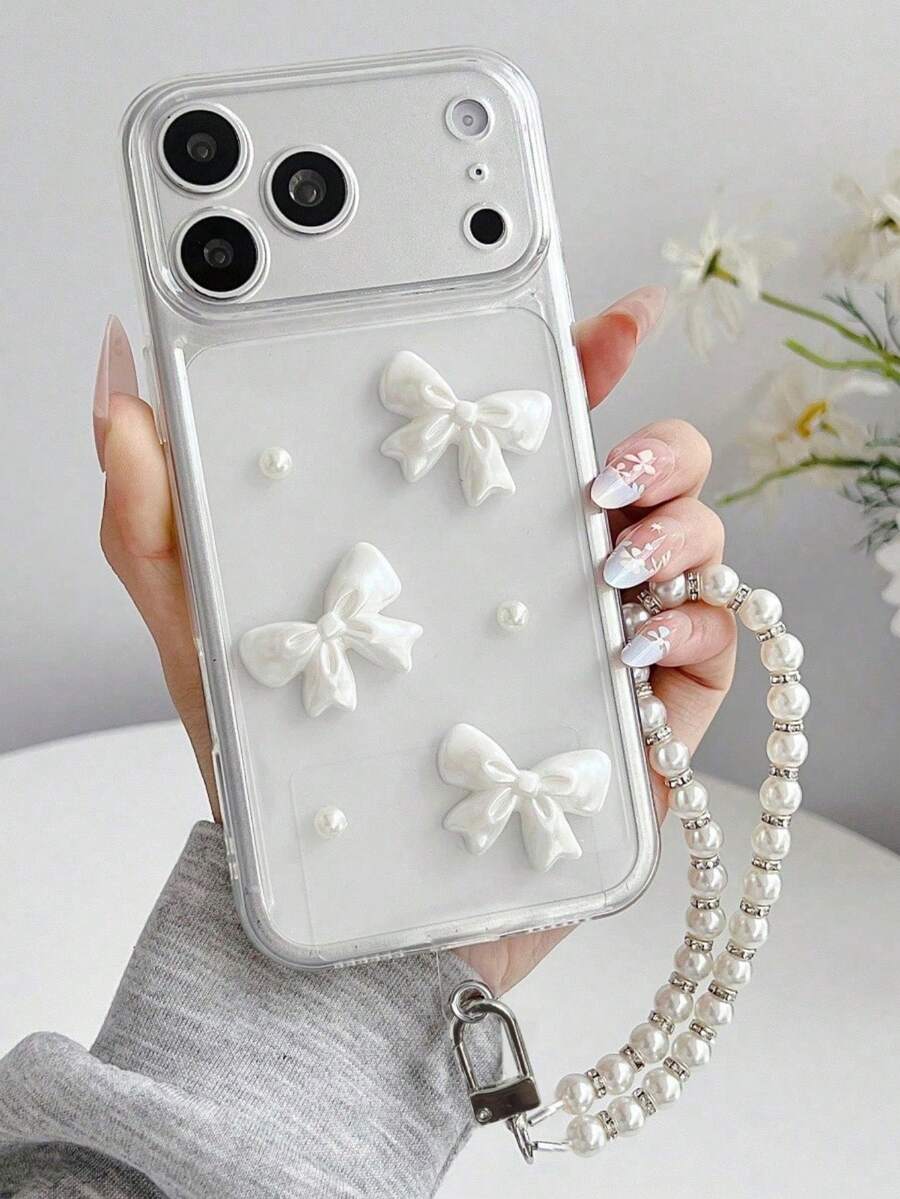 奢華可愛 3D 蝴蝶結珍珠手鍊腕帶透明手機殼，適用於 iPhone 17 Pro Max、17 Pro、16 Pro Max、15、14 Pro Max、13、12 Pro、11，相機保護、防震防摔保護套