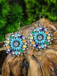 TopHanqi 12pairs Water Drop Earrings Retro Ethnic Style 12 Pairs Of Women's Earrings Multi-colored Set Round Drop-shaped Flower Set With Turquoise Set With Colored Rhinestone Pendant Combination Earrings - Multicolor - View 2