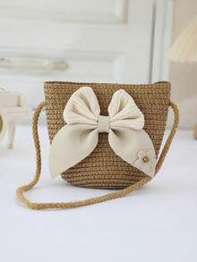 Spring/Summer Girls Straw Woven Bag Cute One Shoulder Crossbody Beach Bag - Leather Bow - View 3