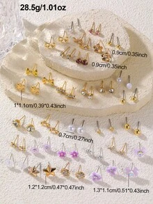 NAIZHU 30 Pairs/Set European And American Fashion Floral Heart Bow Faux Pearl Metallic Earring Set For Women, Suitable For Daily Wear, Dating And Gifts - Multicolor - View 5