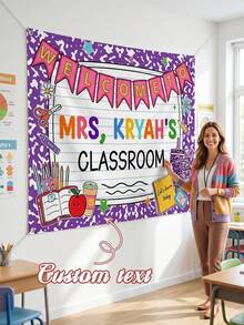 1pc Custom Composition Classroom Banner, Custom Text,Classroom Decor, Welcome Teachers Name Classroom Banner, Teacher Appreciation Gifts, Custom Classroom Tapestry - Multicolor - View 1