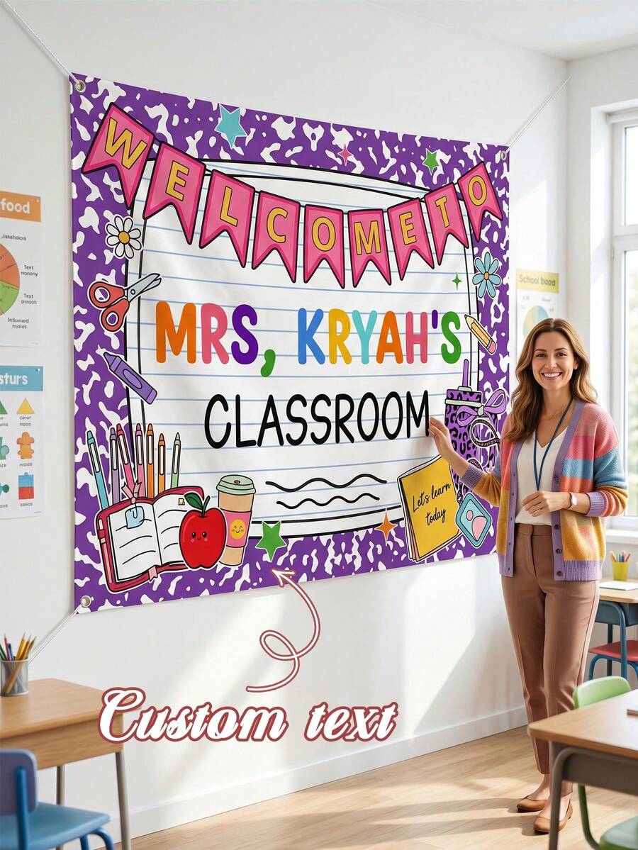 1pc Custom Composition Classroom Banner, Custom Text,Classroom Decor, Welcome Teachers Name Classroom Banner, Teacher Appreciation Gifts, Custom Classroom Tapestry - Multicolor - View 1