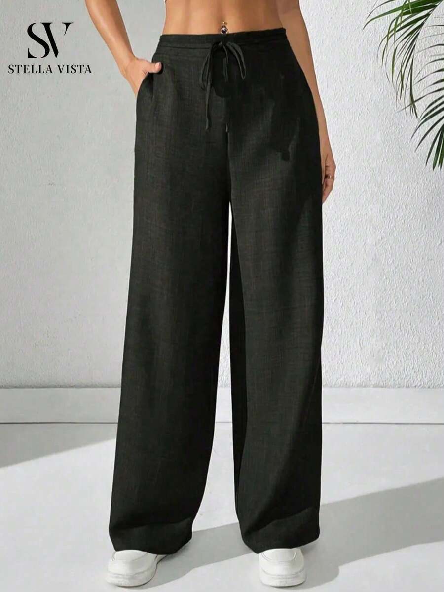 Women's Linen Palazzo Pants, Adjustable Waist With Drawstring, Side Pockets, Casual And Breathable For Vacations - Black - View 1