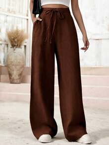 Women's Linen Palazzo Pants, Adjustable Waist With Drawstring, Side Pockets, Casual And Breathable For Vacations - 棕色 - 查看 4