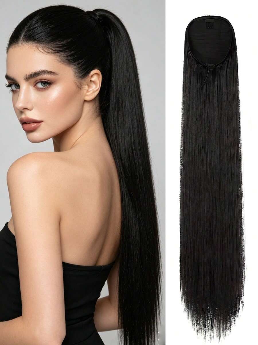 Extensiones de cola de caballo con cordón, cola de caballo larga y recta falsa, extensiones de cabello sintético natural y suave con clip, pieza de cabello resistente al calor - Negro - Ver 1