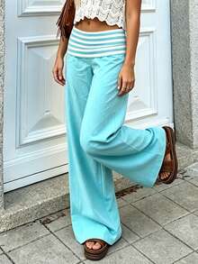 Women Y2k Low Waist Loose Fit Trousers Cute Striped Wide Flare Leg Pants Stretchy Folds Over Lounge Home Sweatpants - 藍色 - 查看 3