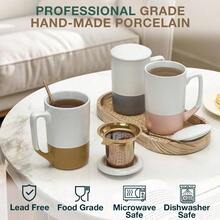 - Taza de t de cermica con infusor de hojas sueltas, cuchara y tapa, taza de caf de 16 onzas, apta para microondas y lavaplatos, esmalte de cermica mate rstico, colador de t - Ámbar - Ver 5