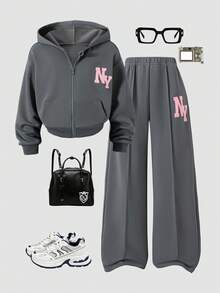 Tween Girls School Outfit 2pcs Set Autumn New Fashion Versatile Letter Print Zip-Up Hooded Long Sleeve Jacket Straight Leg Pants Casual Sports Set Suitable For Outdoor Wear - Grey - View 2