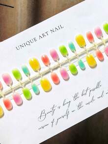 30pcs Rainbow Candy Island Colorful Gradient Macaron Soft Cute Short Square Removable Press-On Nails, Includes 1pc Jelly Glue And 1pc Nail File - 彩色 - 查看 5