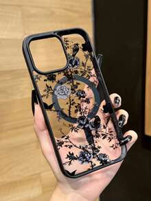 1pc Black Floral Magnetic Fashion Phone Case, New Creative Shadow Forest Peony Pattern Unique Phone Case, Suitable For Apple 16 Pro Max, 11/12/13/14 Plus, XR, 7/8 Plus, 15 Pro Max Series, Spring Gift, Birthday Gift - Black - View 1