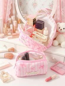 Pink Bow Cosmetics Bag Large Capacity Makeup Bag Portable Coin Wallet Zipper Coin Purse Small Items Storage Pouch Strip Pattern Lipstick Earbuds Bag - Multicolor - View 15