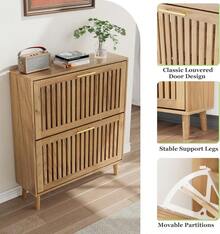 Shoe Cabinet, Shoe Storage Cabinet With 2 Flip Drawers With Slats, Narrow Shoe Cabinet Entryway, Freestanding Shoe Organizer Cabinet With Golden Handles, Slim LX89 - 天然木材 - 查看 5