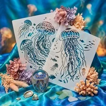 水母海洋模板，A4可重複使用海洋生物繪畫模板，海洋動物繪圖模板，適用於DIY手工藝、牆面藝術裝飾、剪貼簿、布料畫布繪畫、卡片製作、家居裝飾，水下世界水母海洋模板 - 套裝 - 查看 11