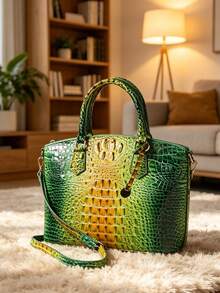 Elegant Crocodile-Embossed Handbag - Opulent Gradient Vintage Style - Spacious Women's Purse With Durable Top Handle - Ideal For Everyday - 7#黃+綠 - 查看 2