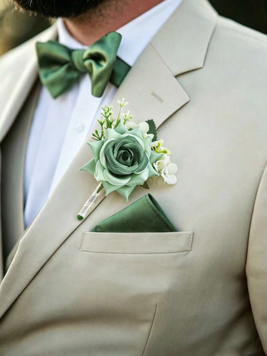 1件/6件裝 玫瑰鼠尾草綠男士婚禮胸花套組,含領結與口袋巾,新郎與伴郎配對飾品,適用於舞會、派對、週年紀念 - 鼠尾草綠 - 查看 1