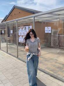 休閒鈕扣設計短袖T恤 百搭女款上衣 夏季 - 灰色 - 查看 2