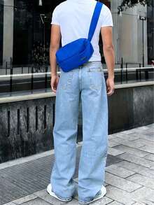 Celana Jeans Denim Pria Ukuran Besar Warna Biru Muda Model Lebar, Celana Kasual Longgar Serbaguna Model Lurus - Medium Wash - View 4