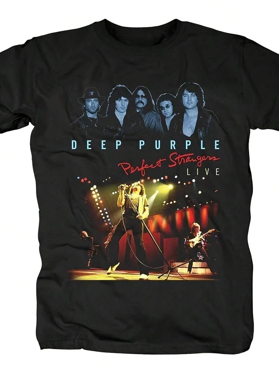 Y2K Graphic Vintage Tee Deep Purple "The Perfect Strangers" Live Concert Commemorative T-Shirt - Classic Black - Image 1/1; Ideal For Outdoor Activiti - Black - View 1