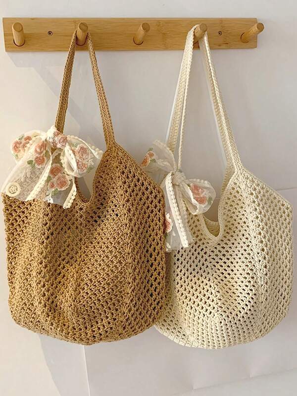 1/2pcs Hollow Woven Bag + Scarf Set, Large Portable Women's Beach Bag, Lace Bow Woven Cosmetic Bag, Large Capacity, Suitable For Girls, Students, Commuting Women, Travel Essential, Daily Elegant Shoulder Bag, Summer Style