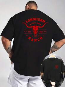 Men's Western Cowboy T-Shirt - Bison And Bull Skull Print, Texas Ranch Design, Breathable Knit Fabric, Double-Sided Short Sleeve T-Shirt - Hitam - View 9