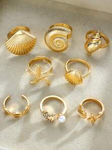 8pcs Exaggerated Wide Metal Open Ring Set, Faux Shell, Starfish, Conch, Fish Tail, Rhinestone, Thick Smooth Asymmetrical Geometric Multi-Layered Rings For Women, Date, Banquet, Beach, Vacation, Party, Music Festival Accessories - Golden Yellow 2 - View 5