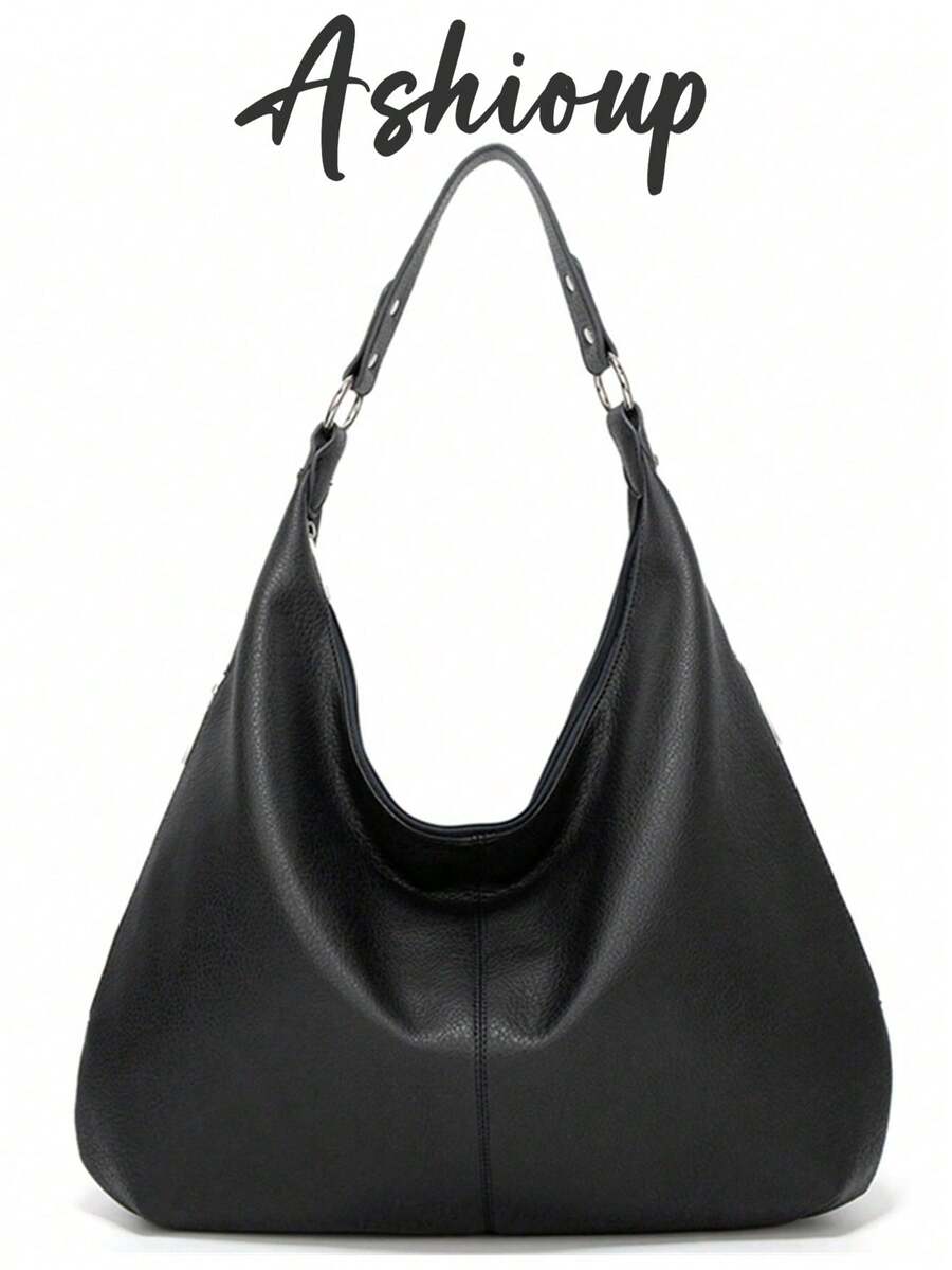 女款復古托特包，夏季新款大容量單肩手提包，設計師風格極簡腋下包，通勤百搭 - 黑色 - 查看 1