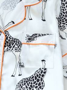 Women's 2pcs Pajama Set, Stylish Giraffe Animal Print, Silky Homewear & Outerwear, Short Sleeve Button Lapel Top & Shorts For Spring Summer - White - View 6
