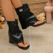 1 Pair Toe-Post Sandals, Open Toe, Toe-Post Bootie Design, Combines Breathability Of Sandals And Style Of Boots, Solid Color Bohemian Microfiber Leather Buckle Boots Boots, Party Shoes For All Seasons, Suggest Ordering Half Size Up - Black - View 11
