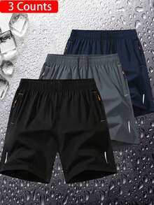 3pcs Men's Quick Dry Breathable Outdoor Casual Shorts, Zipper Pockets Solid Color Sports Shorts, Beach Shorts, Summer - Multicolor - View 1