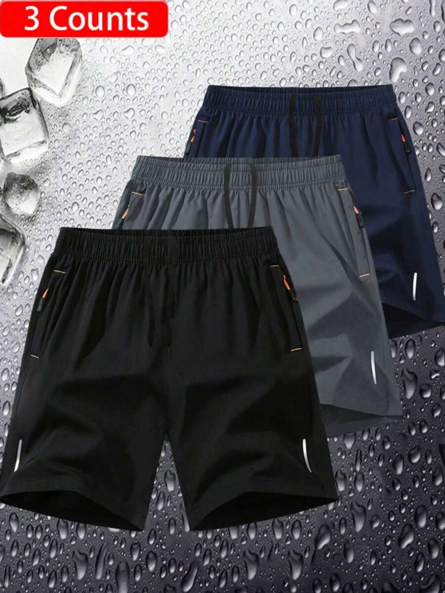 3pcs Men's Quick Dry Breathable Outdoor Casual Shorts, Zipper Pockets Solid Color Sports Shorts, Beach Shorts, Summer - Multicolor - View 1