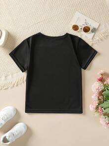 Girls' Short-Sleeved T-Shirt, Summer Style, With Cartoon Print Of A Capybara Wearing Sunglasses And Drinking Milk Tea, Casual Top NYDX5497 - 黑色 - 查看 2